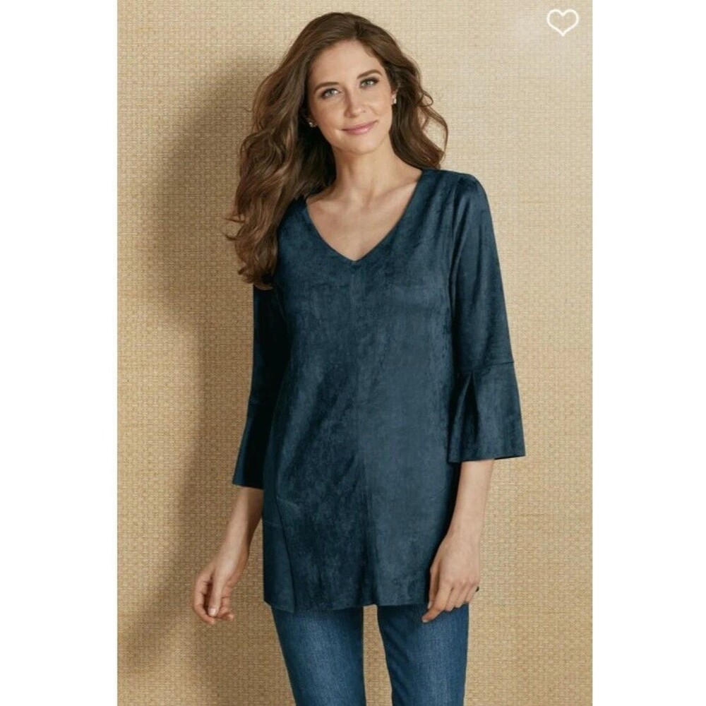 Soft Surroundings Women SMALL Navy Blue Peplum Faux Seude Izzy Tunic Top